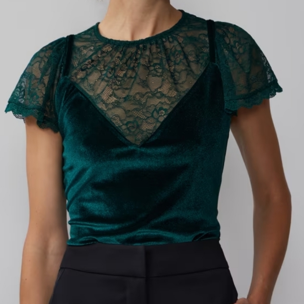 New york and company Green velvet lace blouse